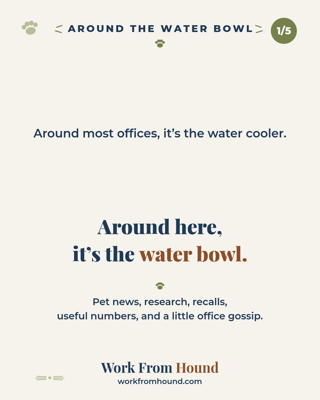 Around the Water Bowl opening card introducing pet news, research, recalls, useful numbers, and office gossip.