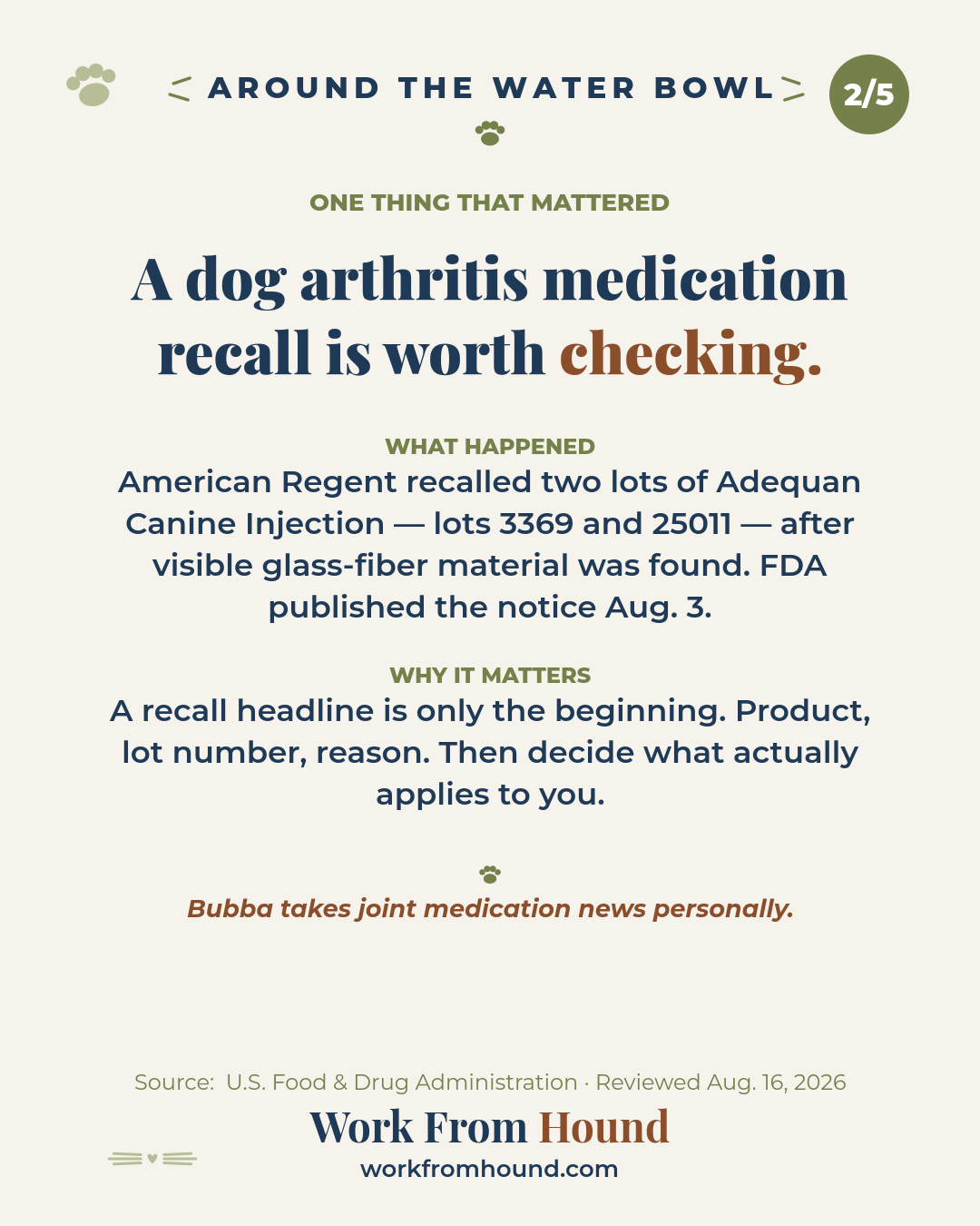 One thing that mattered: two lots of Adequan Canine joint medication were recalled after visible glass-fiber material was found.