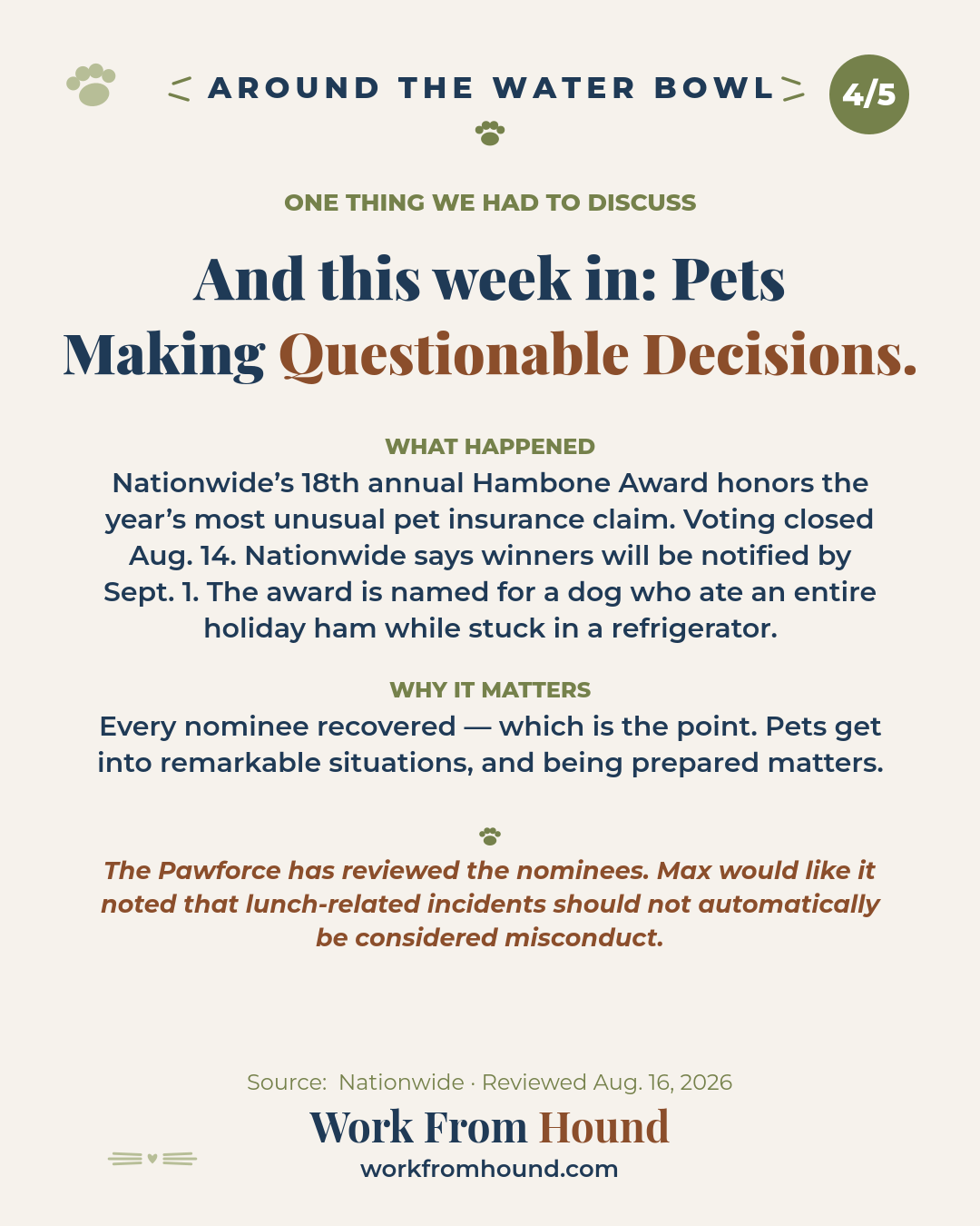 One thing we had to discuss: Nationwide's Hambone Award honors unusual pet insurance claims.
