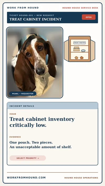 Pearl beside her treat cabinet incident report