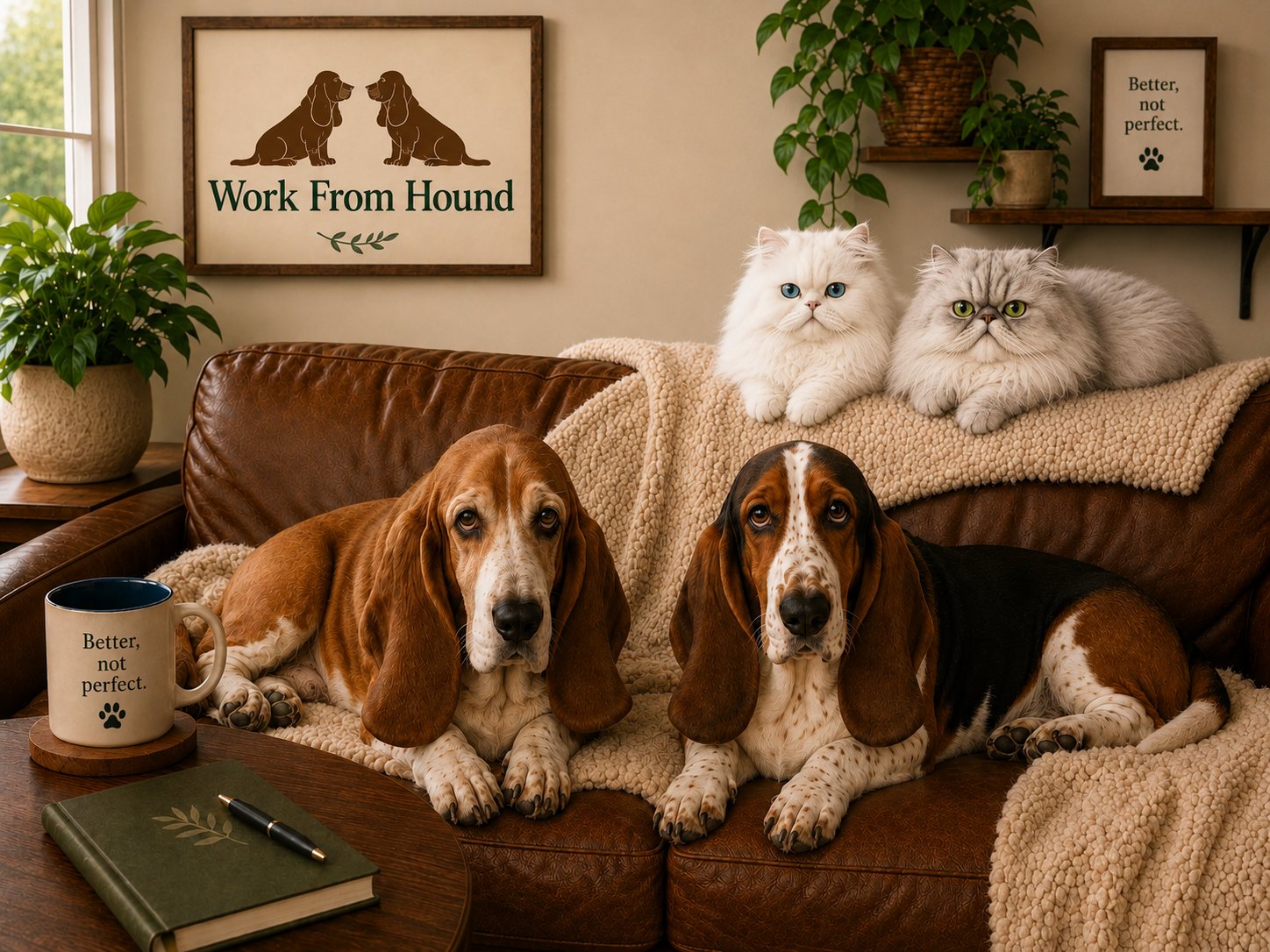 Bubba and Pearl, two Basset Hounds, with Theo and Max, two Persian cats, relaxing together in a warm Work From Hound living room.